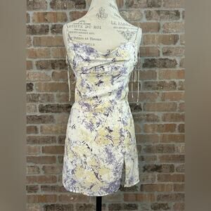 Beige botany yellow purple floral strappy slip mini dress with slit ruched sz sm